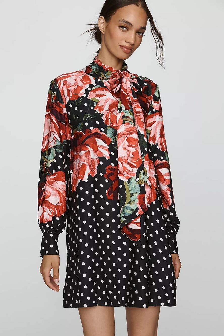 nwt ANTHROPOLOGIE MAEVE sz L The Caroline Tie-Neck Dress black white polka dots